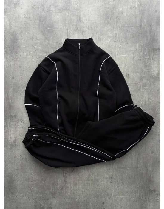 Biyeli Paça Lastik Şardonlu Eşofman Takımı-Siyah