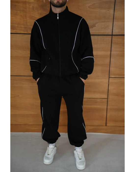 Biyeli Paça Lastik Şardonlu Eşofman Takımı-Siyah