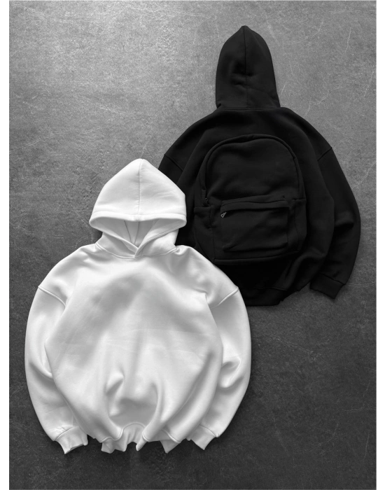 Çantalı Şardonlu Unisex Sweatshirt-Beyaz