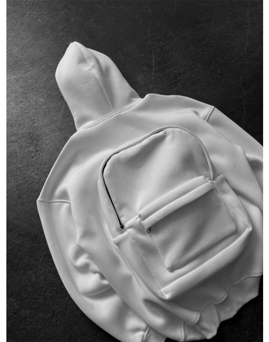 Çantalı Şardonlu Unisex Sweatshirt-Beyaz