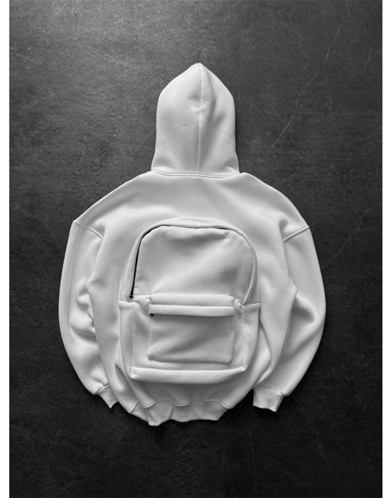 Çantalı Şardonlu Unisex Sweatshirt-Beyaz