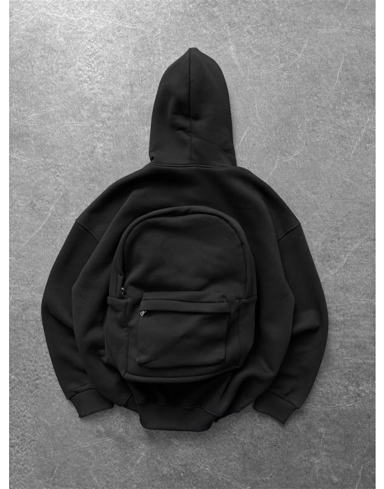 Çantalı Şardonlu Unisex Sweatshirt-Siyah