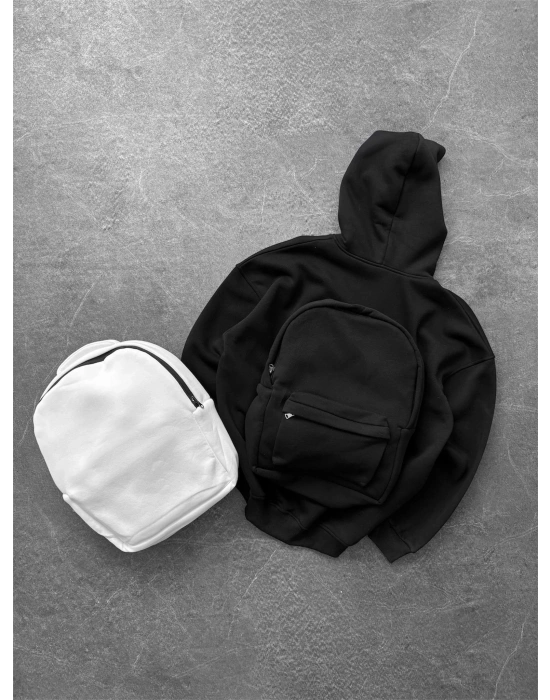 Çantalı Şardonlu Unisex Sweatshirt-Siyah