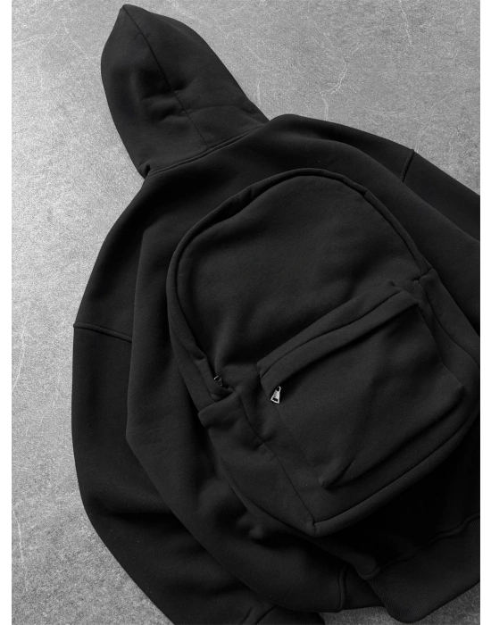 Çantalı Şardonlu Unisex Sweatshirt-Siyah