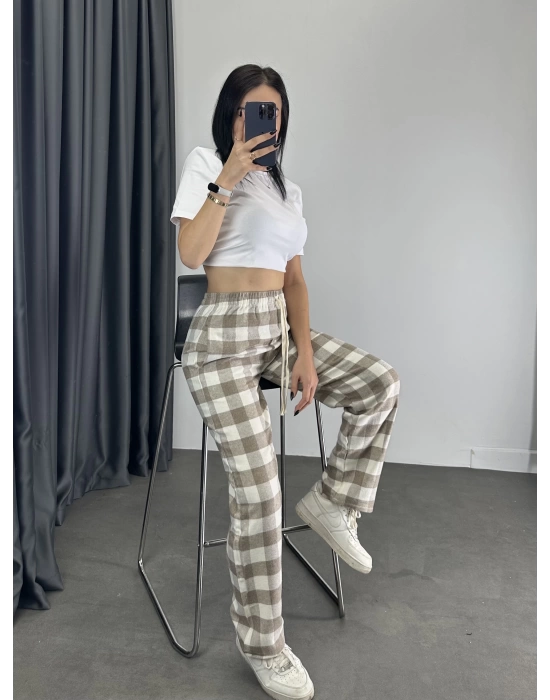 Ekose Desen Unisex Baggy Eşofman - Bej
