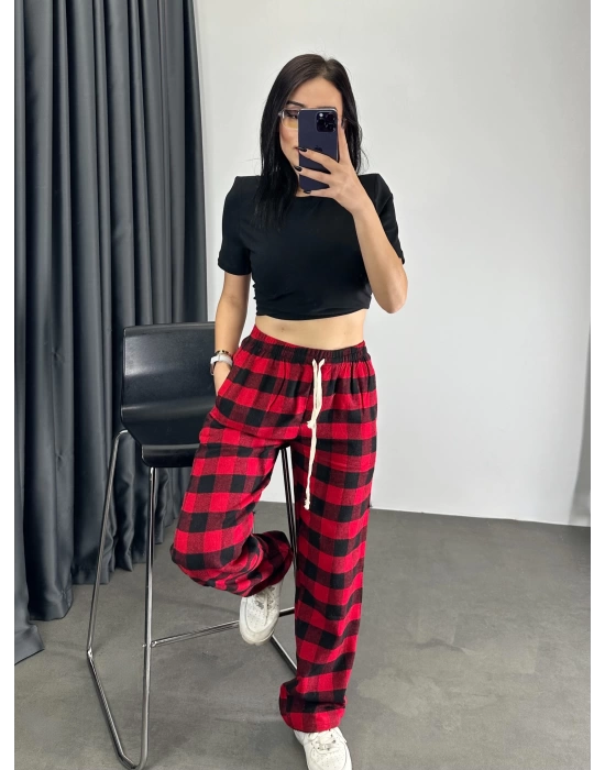 Ekose Desen Unisex Baggy Eşofman - Kırmızı