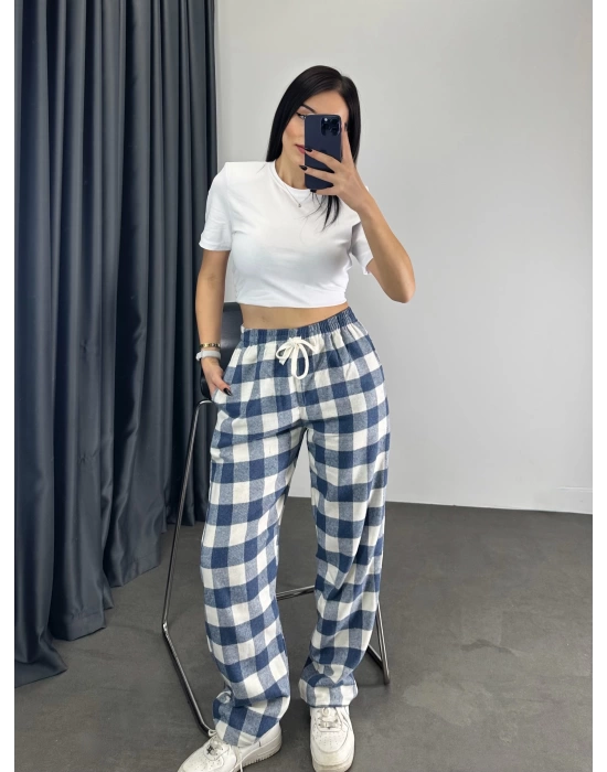Ekose Desen Unisex Baggy Eşofman - Mavi