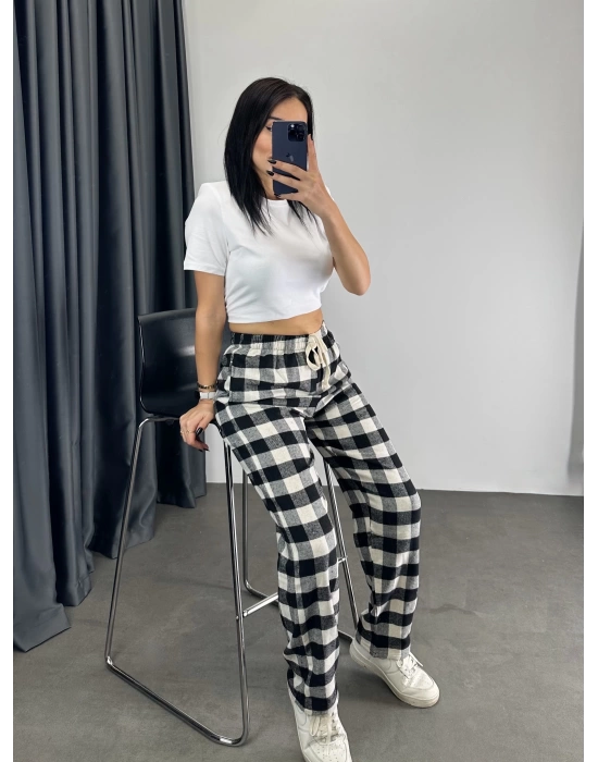 Ekose Desen Unisex Baggy Eşofman - Siyah
