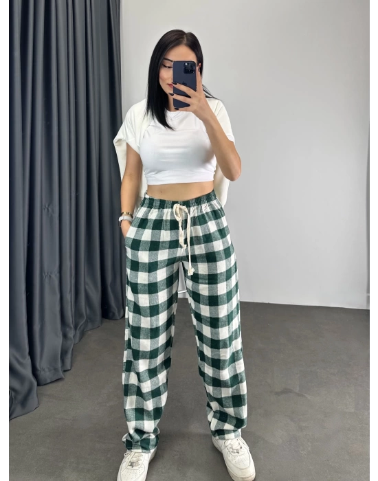 Ekose Desen Unisex Baggy Eşofman - Yeşil