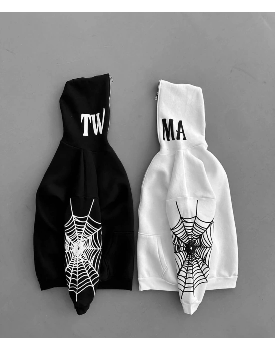 Full Zip Spider Unisex Şardonlu Hoodie-Beyaz