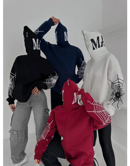 Full Zip Spider Unisex Şardonlu Hoodie-Bordo