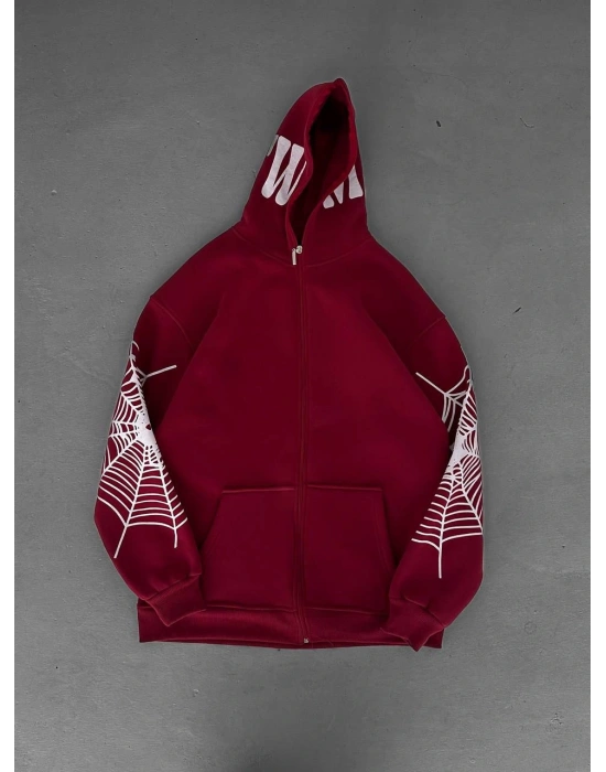 Full Zip Spider Unisex Şardonlu Hoodie-Bordo