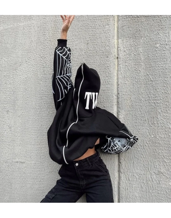 Full Zip Spider Unisex Şardonlu Hoodie-Siyah