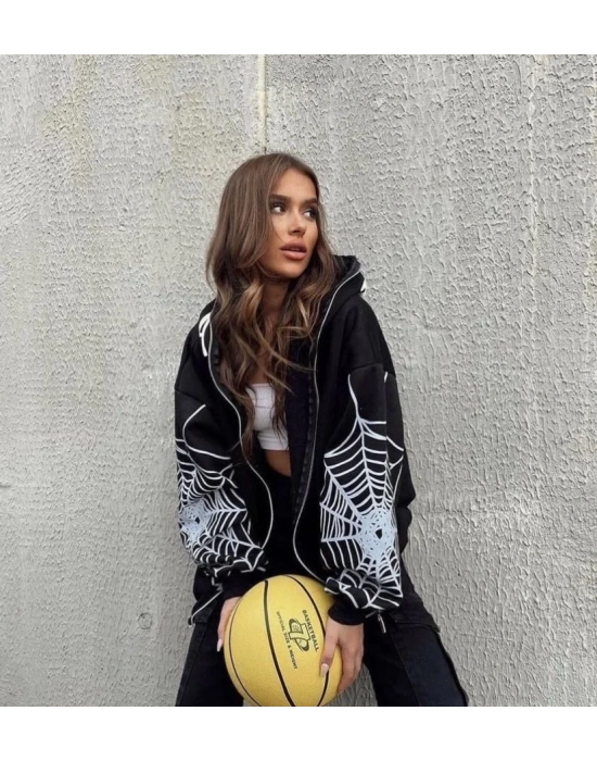Full Zip Spider Unisex Şardonlu Hoodie-Siyah