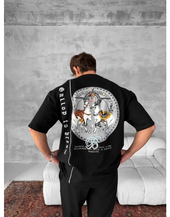 Horse Sırt Baskı Unisex Tshirt - Siyah