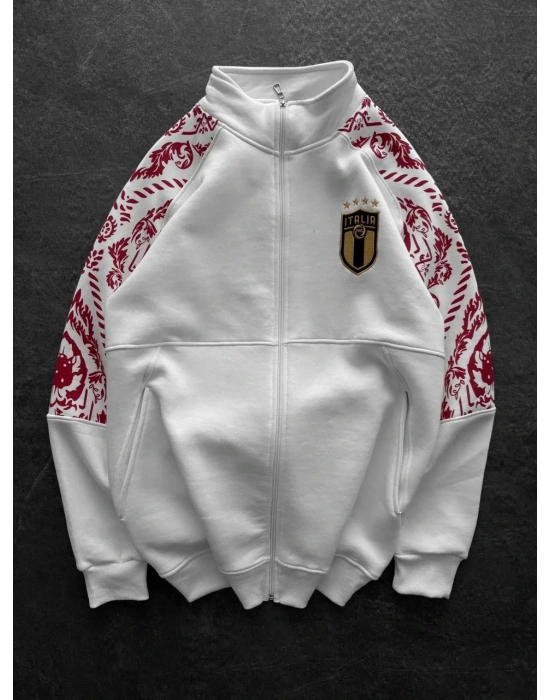 ITL Kol Desenli Unisex Şardonlu Hırka-Beyaz