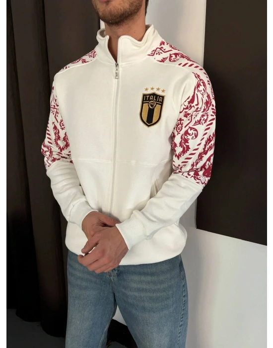 ITL Kol Desenli Unisex Şardonlu Hırka-Beyaz