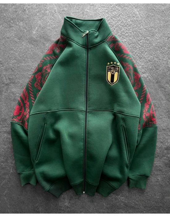 ITL Kol Desenli Unisex Şardonlu Hırka-Yeşil