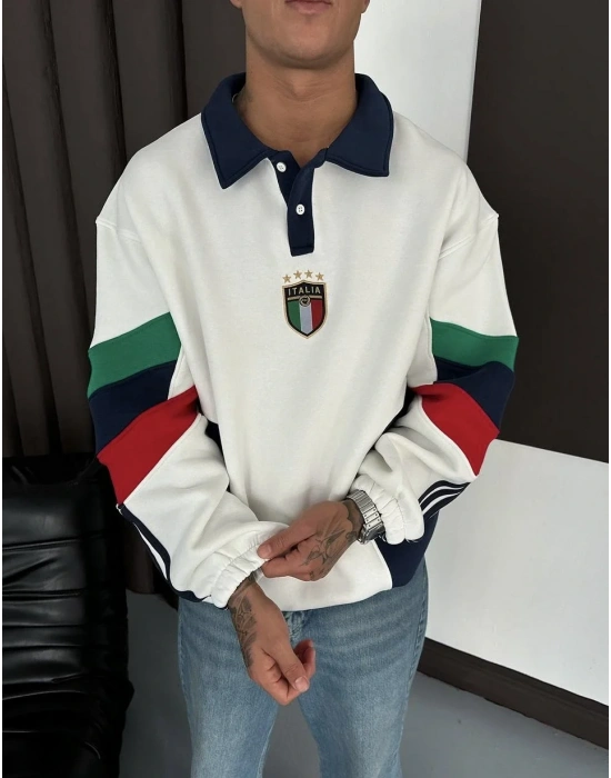ITL Kol Parçalı Unisex Sweatshirt-Beyaz