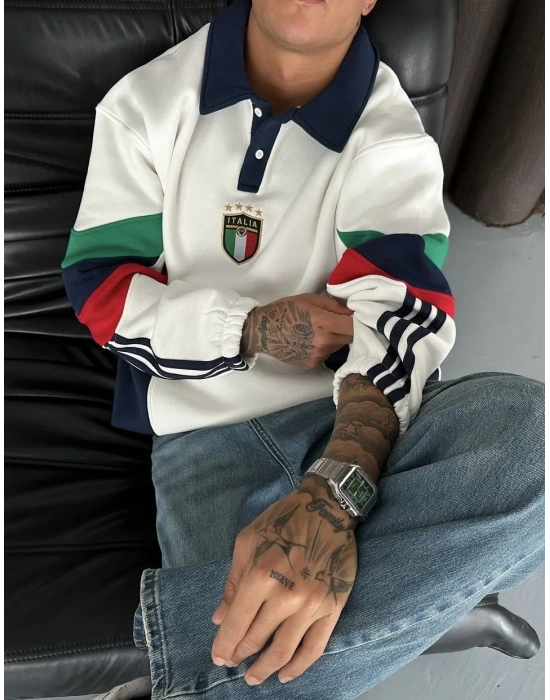 ITL Kol Parçalı Unisex Sweatshirt-Beyaz