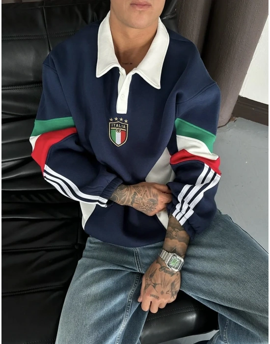 ITL Kol Parçalı Unisex Sweatshirt-Mavi