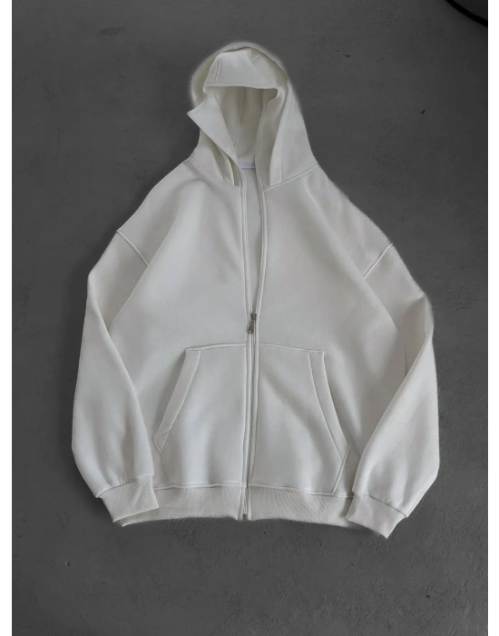 Maskeli Basic Şardonlu Unisex Hırka-Beyaz