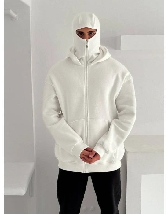 Maskeli Basic Şardonlu Unisex Hırka-Beyaz
