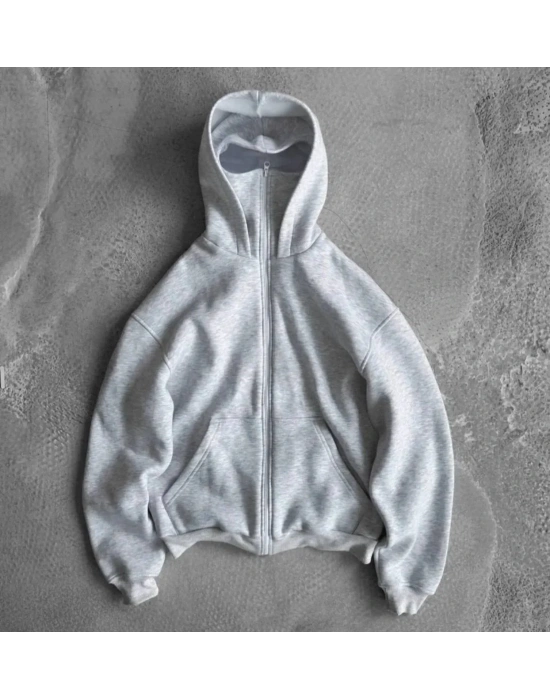 Maskeli Basic Şardonlu Unisex Hırka-Gri