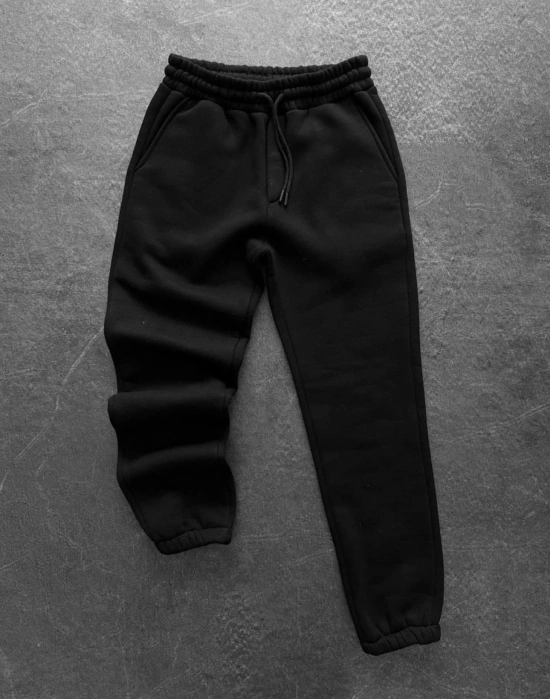 Paça Lastik Şardonlu Unisex Eşofman-Siyah