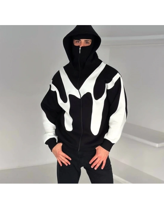 Parçalı Maskeli Şardonlu Unisex Hırka