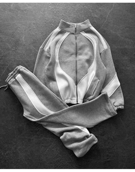 Parçalı Şardonlu Unisex Eşofman Takımı-Gri