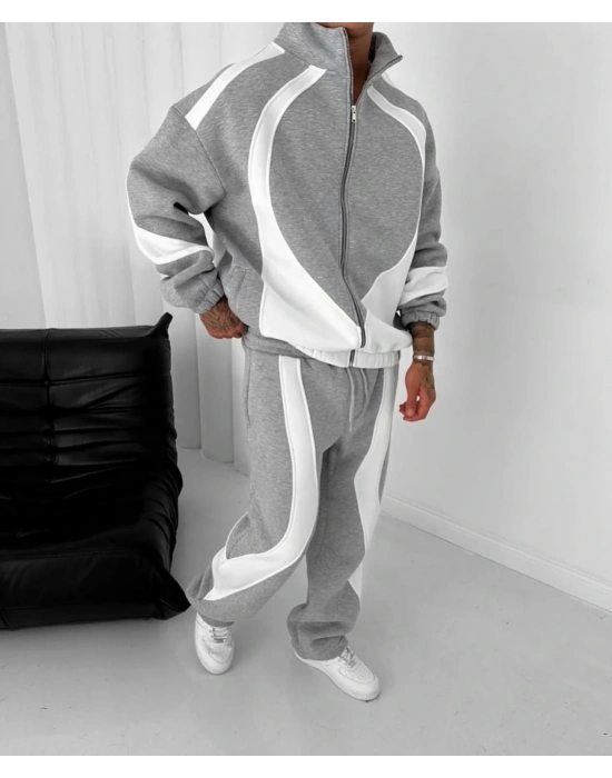 Parçalı Şardonlu Unisex Eşofman Takımı-Gri