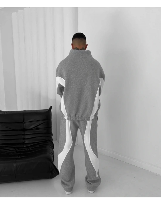 Parçalı Şardonlu Unisex Eşofman Takımı-Gri