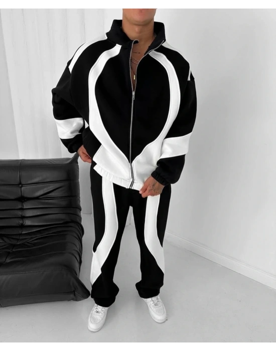 Parçalı Şardonlu Unisex Eşofman Takımı-Siyah