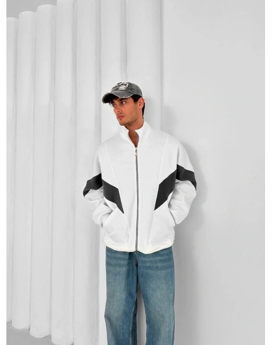Parçalı Şardonlu Unisex Hırka-Beyaz