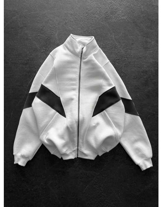 Parçalı Şardonlu Unisex Hırka-Beyaz