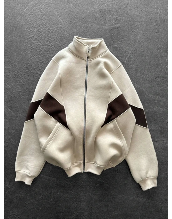 Parçalı Şardonlu Unisex Hırka-Krem