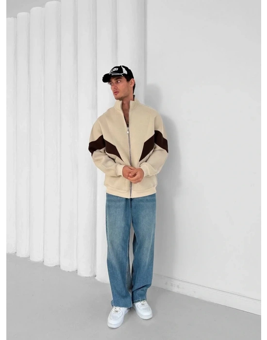 Parçalı Şardonlu Unisex Hırka-Krem