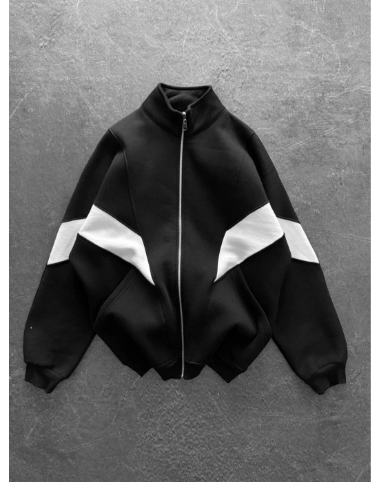 Parçalı Şardonlu Unisex Hırka-Siyah