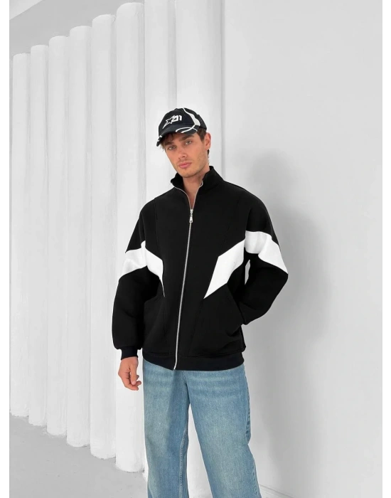 Parçalı Şardonlu Unisex Hırka-Siyah