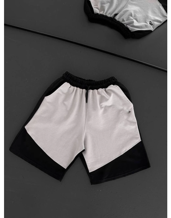 Parçalı Unisex Şort - Gri