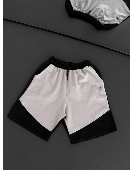 Parçalı Unisex Şort - Gri