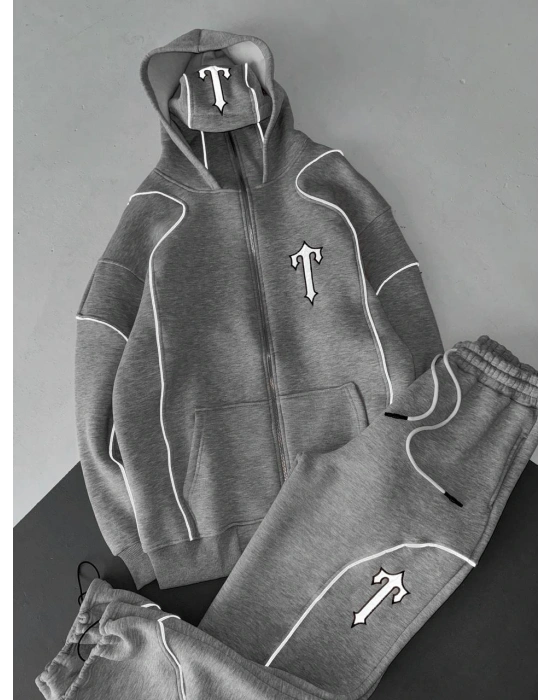 Reflektörlü Maskeli Unisex Eşofman Takımı-Gri