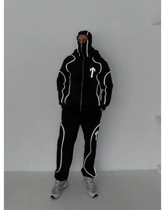 Reflektörlü Maskeli Unisex Eşofman Takımı-Siyah