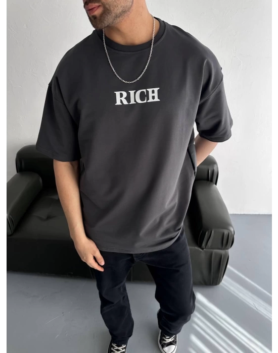 Rich Sırt Baskılı Unisex Tshirt - Gri