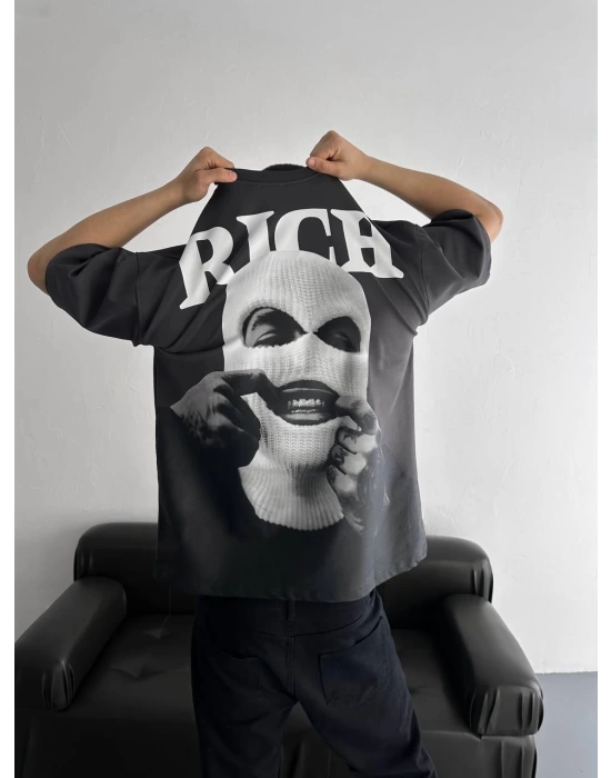 Rich Sırt Baskılı Unisex Tshirt - Gri