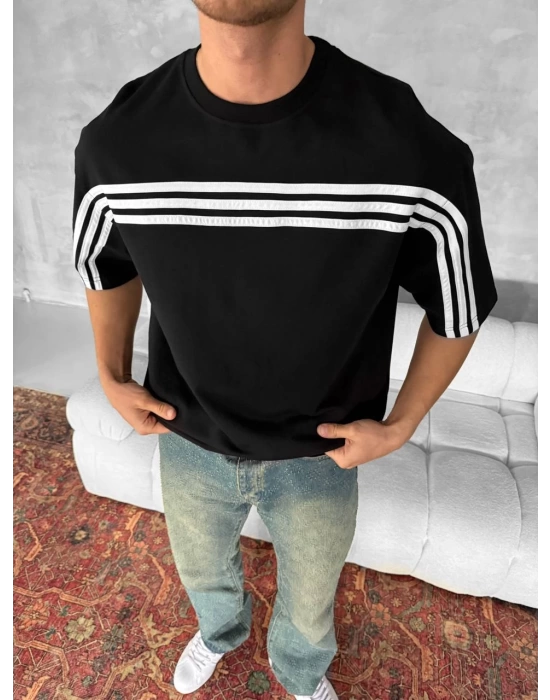 Şerit Detay Oversize Unisex Tshirt - Siyah