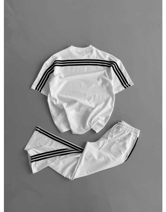 Şeritli Unisex Eşofman Takımı - Beyaz