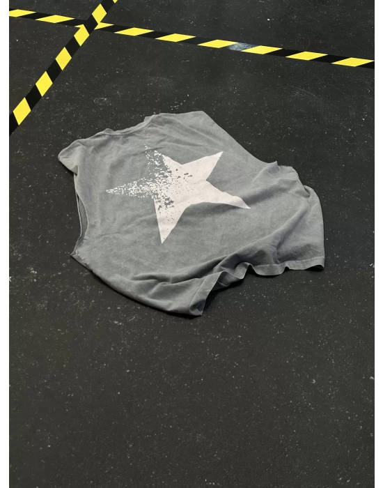 Sıfır Kol Star Oversize Tshirt - Gri