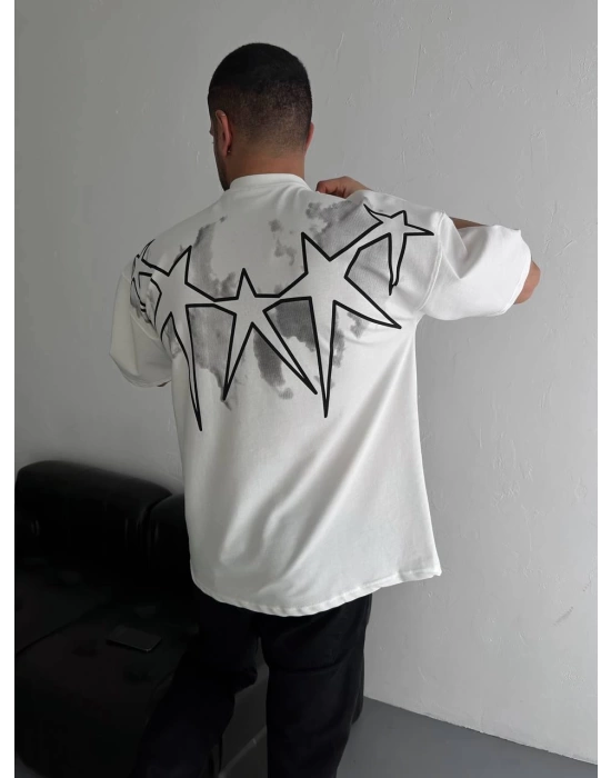 Taş İşleme Star Oversize Unisex Tshirt - Beyaz